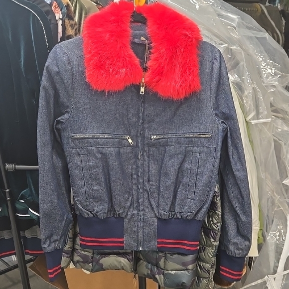 Harvey Faircloth Denim Bomber Jacket with Red Faux Fur Collar | Size 4, USA Made - Picture 1 of 4